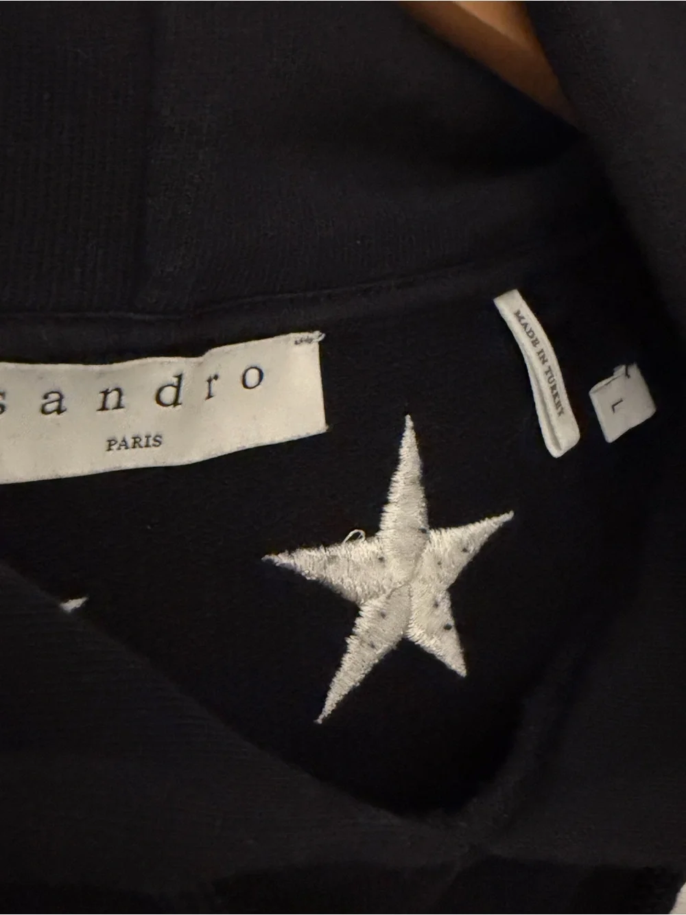 Sandro Paris Navy/White embroidery star Cotton Pullover Hoodie L front pockets